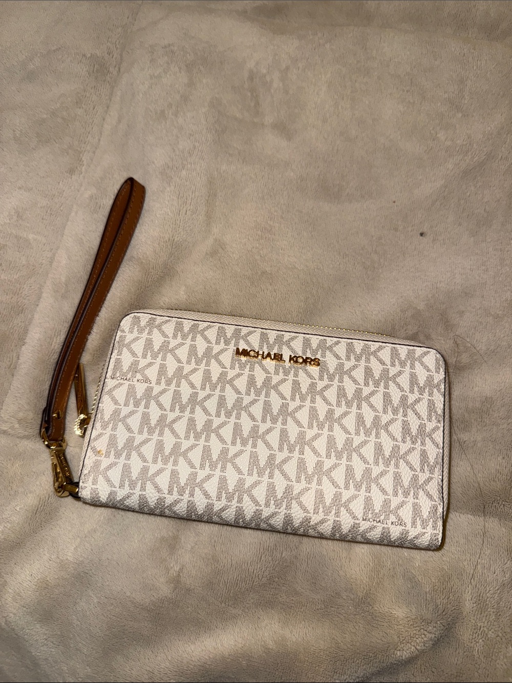 NWT Michael Kors White MK Logo Wristlet with Tan Strap